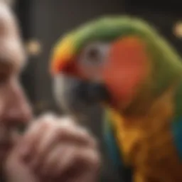 Close up of a parrot being examined by a veterinarian
