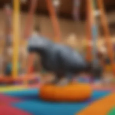 An African Grey parrot perched on a colorful play gym.