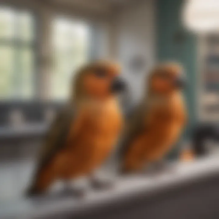 A close-up of birds in a veterinary waiting area