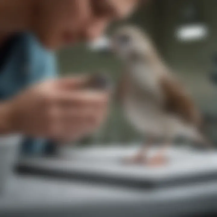 A veterinarian examining a bird in a clinic