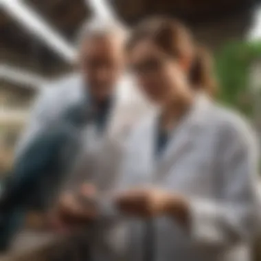 A bird owner interacting with an aviary veterinarian in a friendly consultation