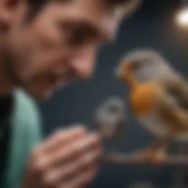 A veterinarian examining a small bird with care and precision