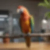 A colorful parrot perched on a branch in a veterinary clinic