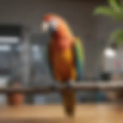 A colorful parrot perched on a branch in a veterinary clinic
