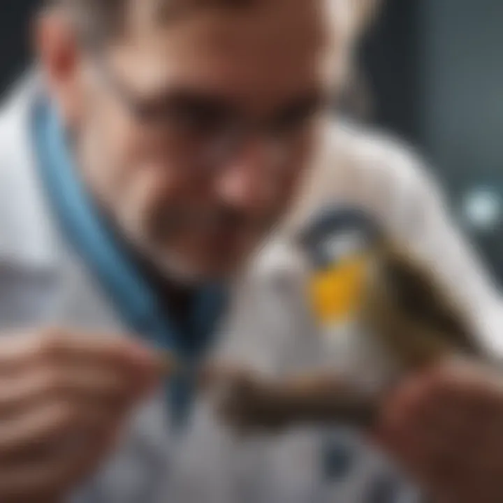 Veterinarian examining a small bird with care