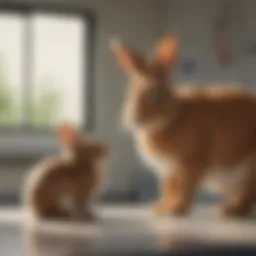A friendly veterinarian examining a rabbit in a clinic setting.