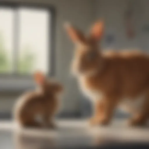 A friendly veterinarian examining a rabbit in a clinic setting.