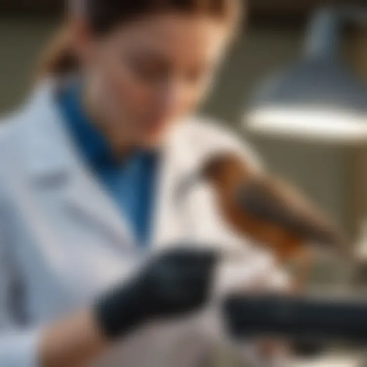 A veterinarian examining a small bird in a clinic.