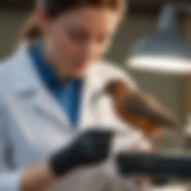 Veterinarian Examining a Bird A veterinarian examining a small bird in a clinic.