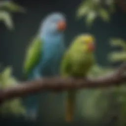 A vibrant parakeet perched on a branch in a lush environment