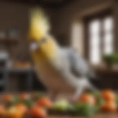 A healthy cockatiel enjoying a variety of fresh foods