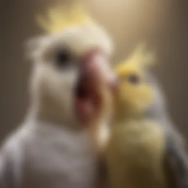 Close-up of a cockatiel interacting with its owner