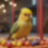 A vibrant cockatiel perched on a colorful play gym