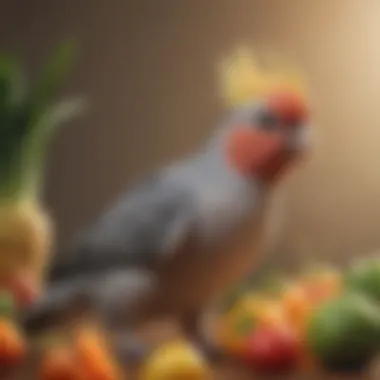 Cockatiel enjoying a fresh meal of fruits and vegetables