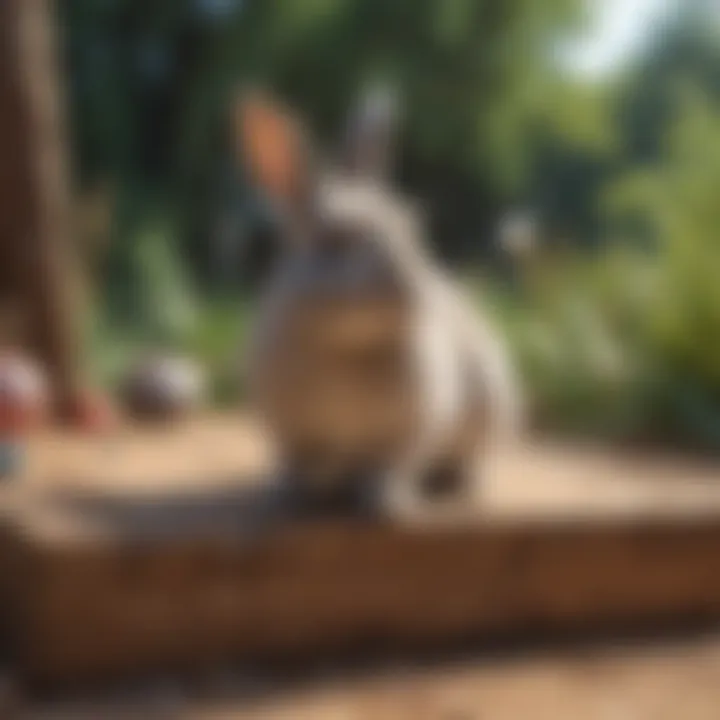 A rabbit enjoying an outdoor play area with toys