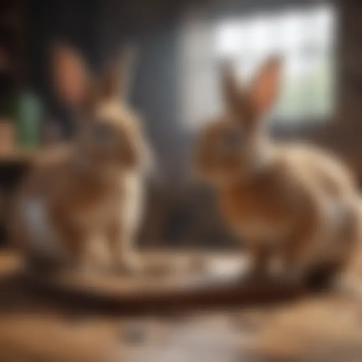 Two rabbits interacting with a puzzle feeder