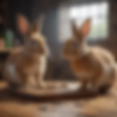 Rabbits and Puzzle Feeder Two rabbits interacting with a puzzle feeder