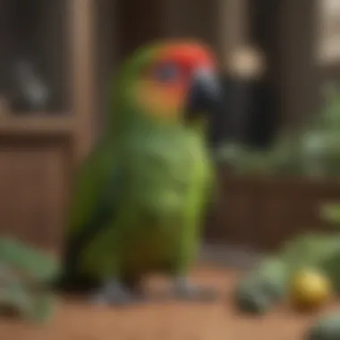 Interactive playtime scene with a green cheek conure