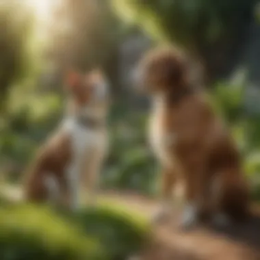 Pets Embracing Nature's Beauty A lush garden with pets enjoying nature