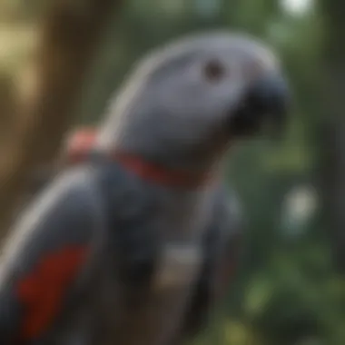 African Grey Parrot wearing a harness outdoors