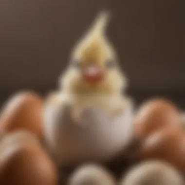 Hatching cockatiel chick breaking through egg shell