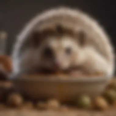 A hedgehog exploring its food bowl filled with Mazuri Hedgehog Food