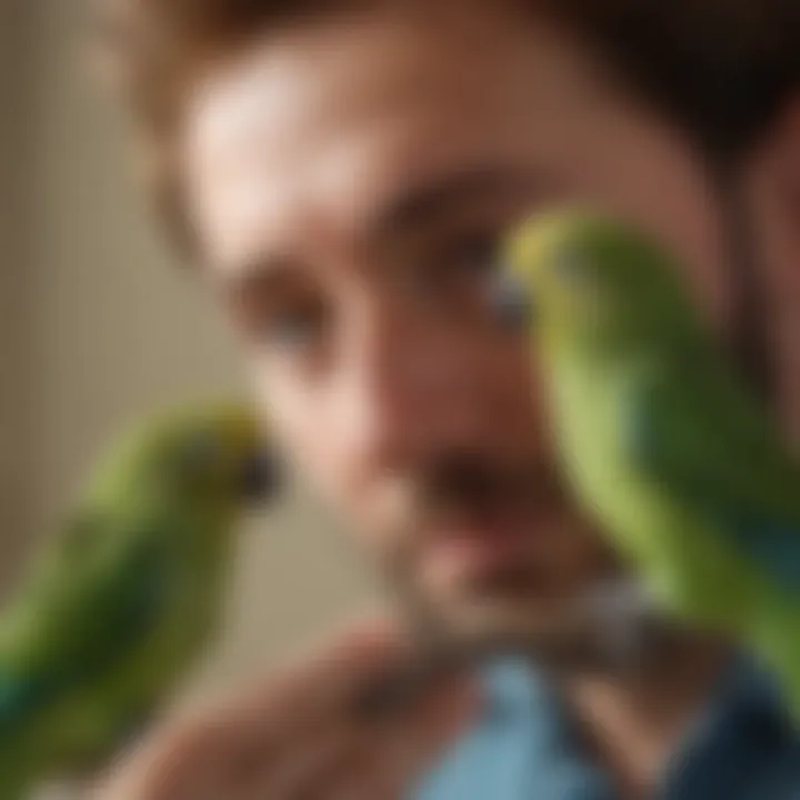 A concerned pet owner examining their parakeet for symptoms of illness