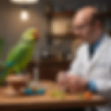 A veterinarian consulting a pet owner about their parakeet's health