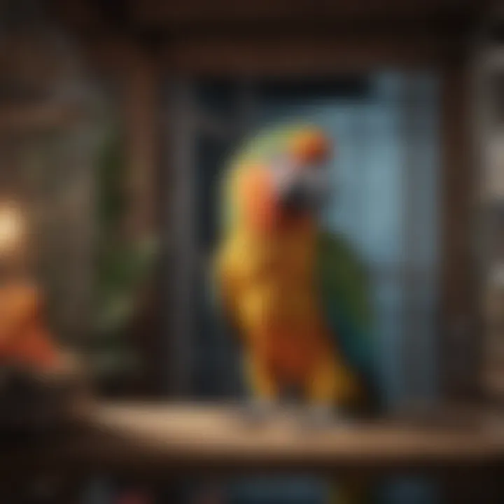 An organized cage setup for a healthy parrot environment