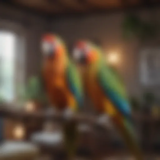 A vibrant parrot perched on a branch in a cozy living room