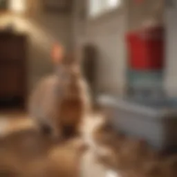 Rabbit exploring a litter box in a cozy home setting