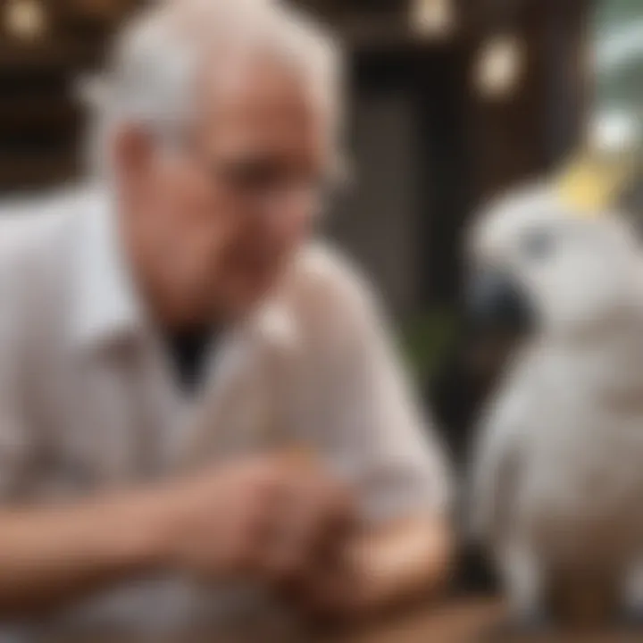 A reputable breeder interacting with a cockatoo, emphasizing the importance of choosing the right source