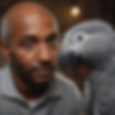 A thoughtful interaction between a person and an African Grey parrot, highlighting the bond of companionship.