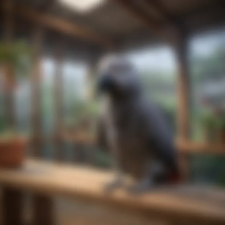 A serene setting depicting a well-maintained aviary, providing a suitable environment for an African Grey parrot.