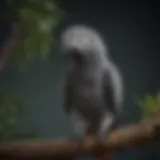 A vibrant African Grey parrot perched on a branch, showcasing its striking feathers and intelligent gaze.