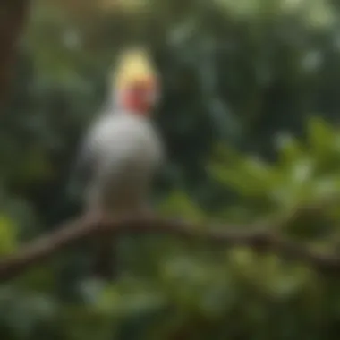 A colorful cockatiel perched on a branch in a lush environment