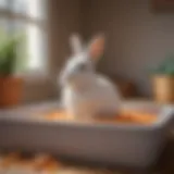 A serene bunny sitting in a litter box filled with appropriate materials.