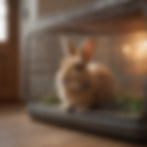 A cozy rabbit cage with a litter box setup