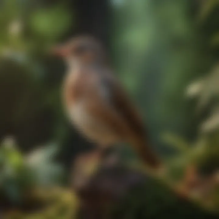 A tranquil space for a bird with soft lighting and greenery