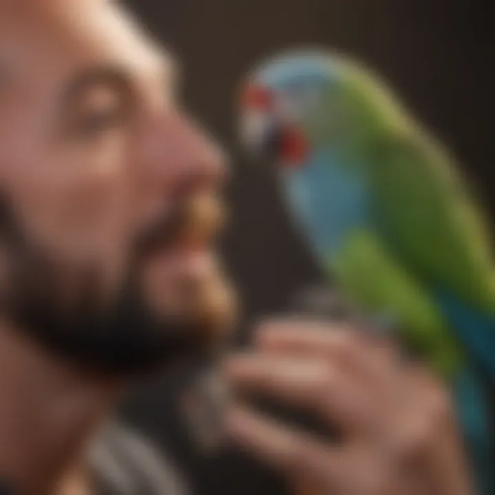 An owner interacting with a parakeet using a clicker.