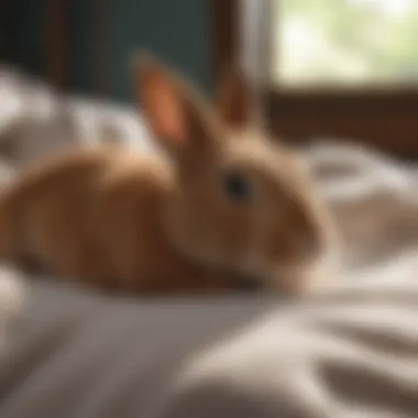 A rabbit resting comfortably in a cozy bed