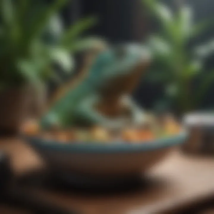Nutritional food options for iguanas in a decorative bowl