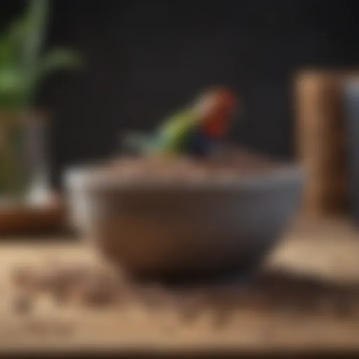 Feeding bowl filled with pellets for Indian Ringnecks