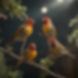 A spacious indoor aviary filled with vibrant finches perched on branches