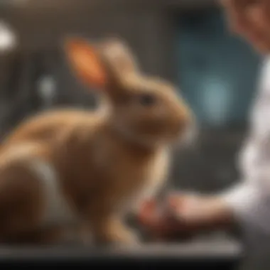 A rabbit receiving a health checkup from a veterinarian