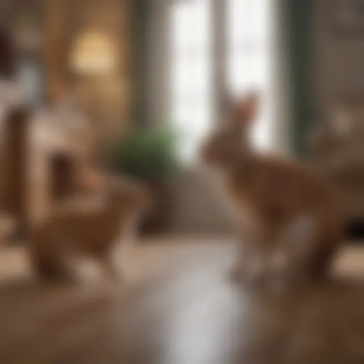 A playful rabbit interacting with a child in a living room