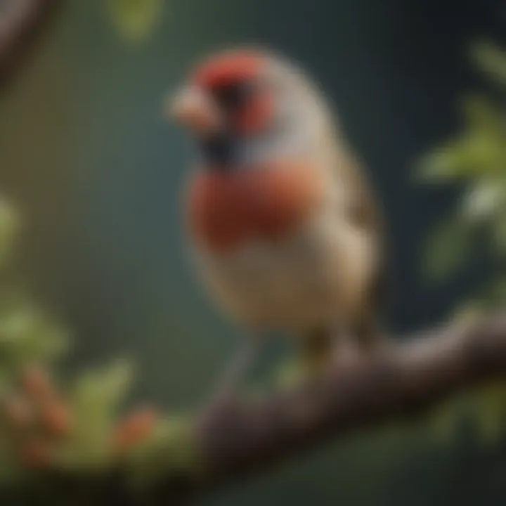 A male finch singing on a branch, with a focus on its colorful plumage.