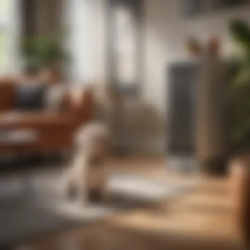 A cozy living room with a visible ionic air cleaner and a curious dog.