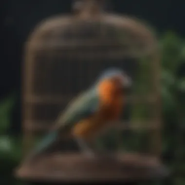 Close-up of bird cage features and accessories