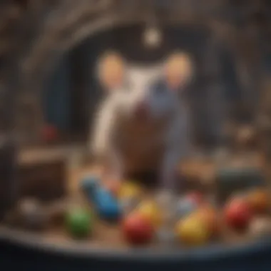 Rat exploring a well-decorated cage with toys